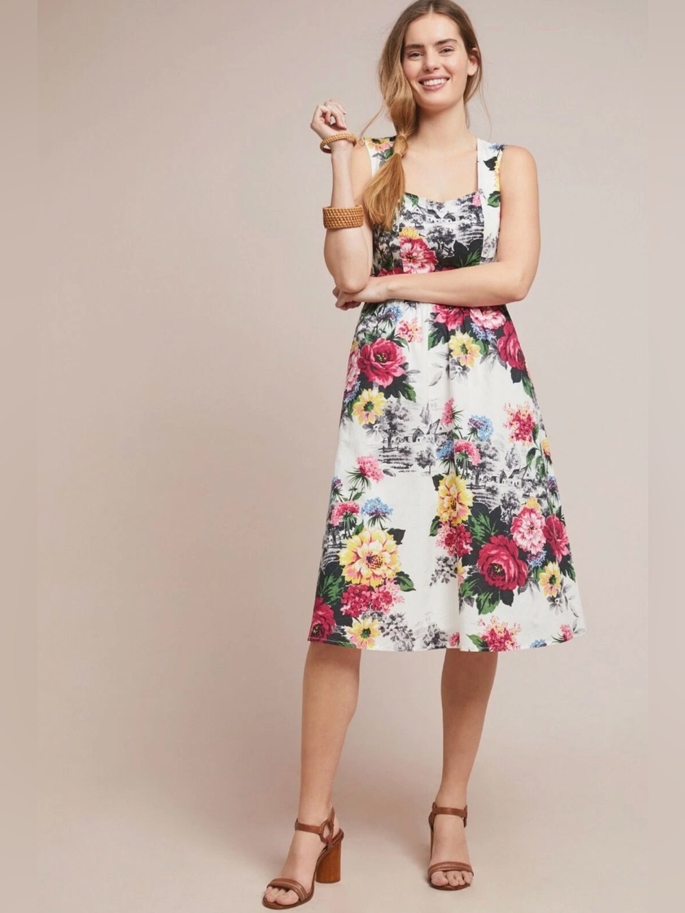 By Anthropologie Amelia Sleeveless White Floral Toile Print Midi Dress Size 2